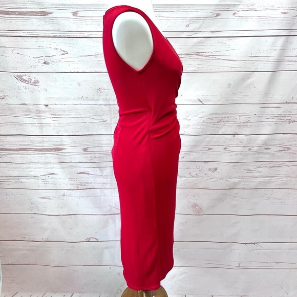 Vintage Tadashi Shoji Asymmetrical Ruched Faux Wrap Surplice Stretch Dress - Picture 5 of 10